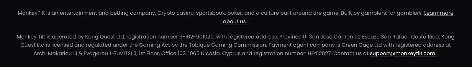 The MonkeyTilt footer naming Kong Quest Ltd of Costa Rica and the Tobique Gaming Commission