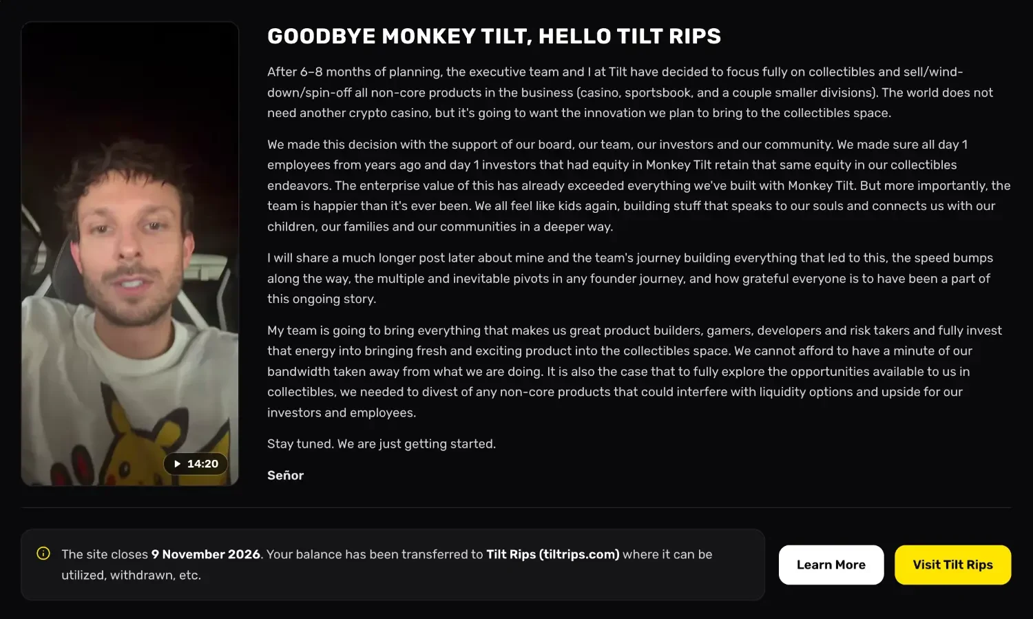 The MonkeyTilt home page with the letter Goodbye MonkeyTilt, Hello Tilt Rips and the closure banner