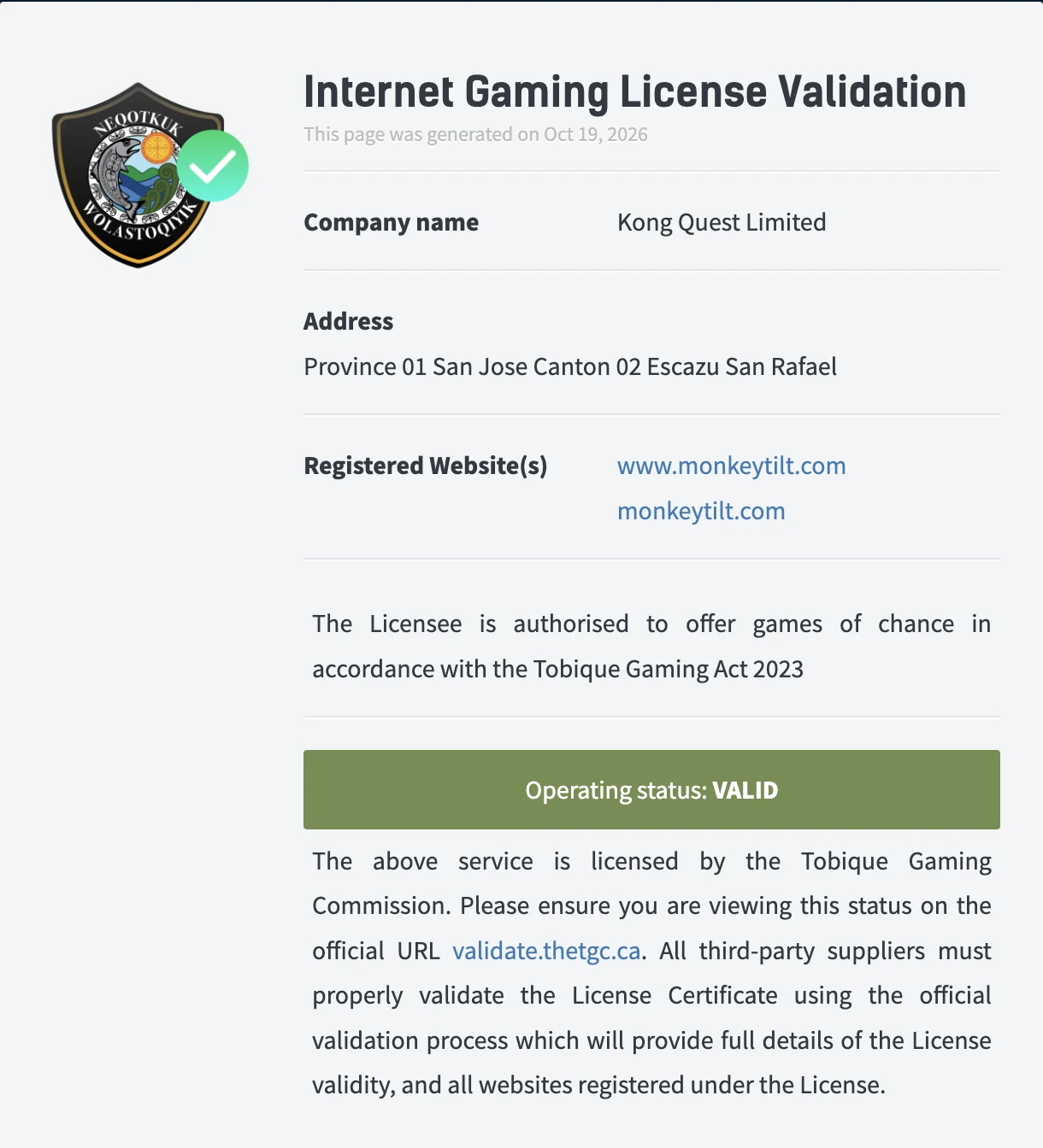 Tobique Gaming Commission validator for monkeytilt.com, 19 October 2026, operating status VALID