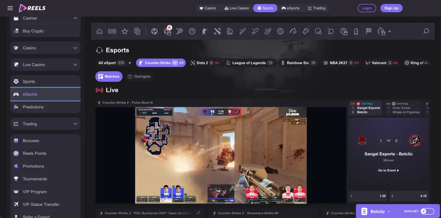 Reels.io esports page with 175 events, a Counter-Strike filter, a live CS2 match stream and the winner market next to it