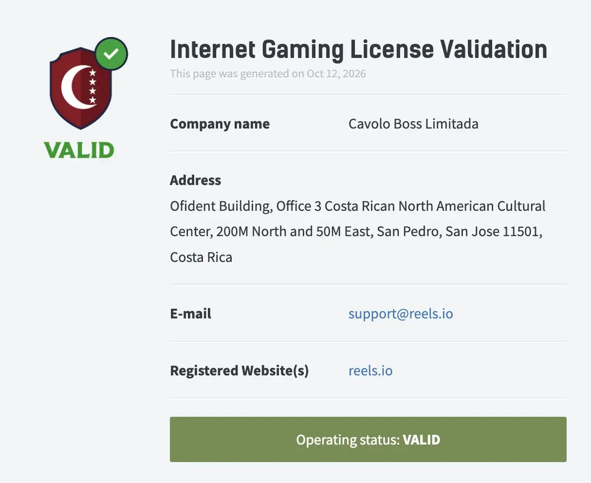 Anjouan internet gaming licence validation page for reels.io showing Cavolo Boss Limitada, a San Pedro Costa Rica address, support@reels.io and operating status VALID