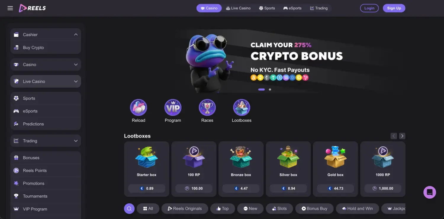 Reels.io casino lobby with a 275% crypto bonus banner, Reload, VIP Program, Races and Lootboxes buttons and a lootbox row