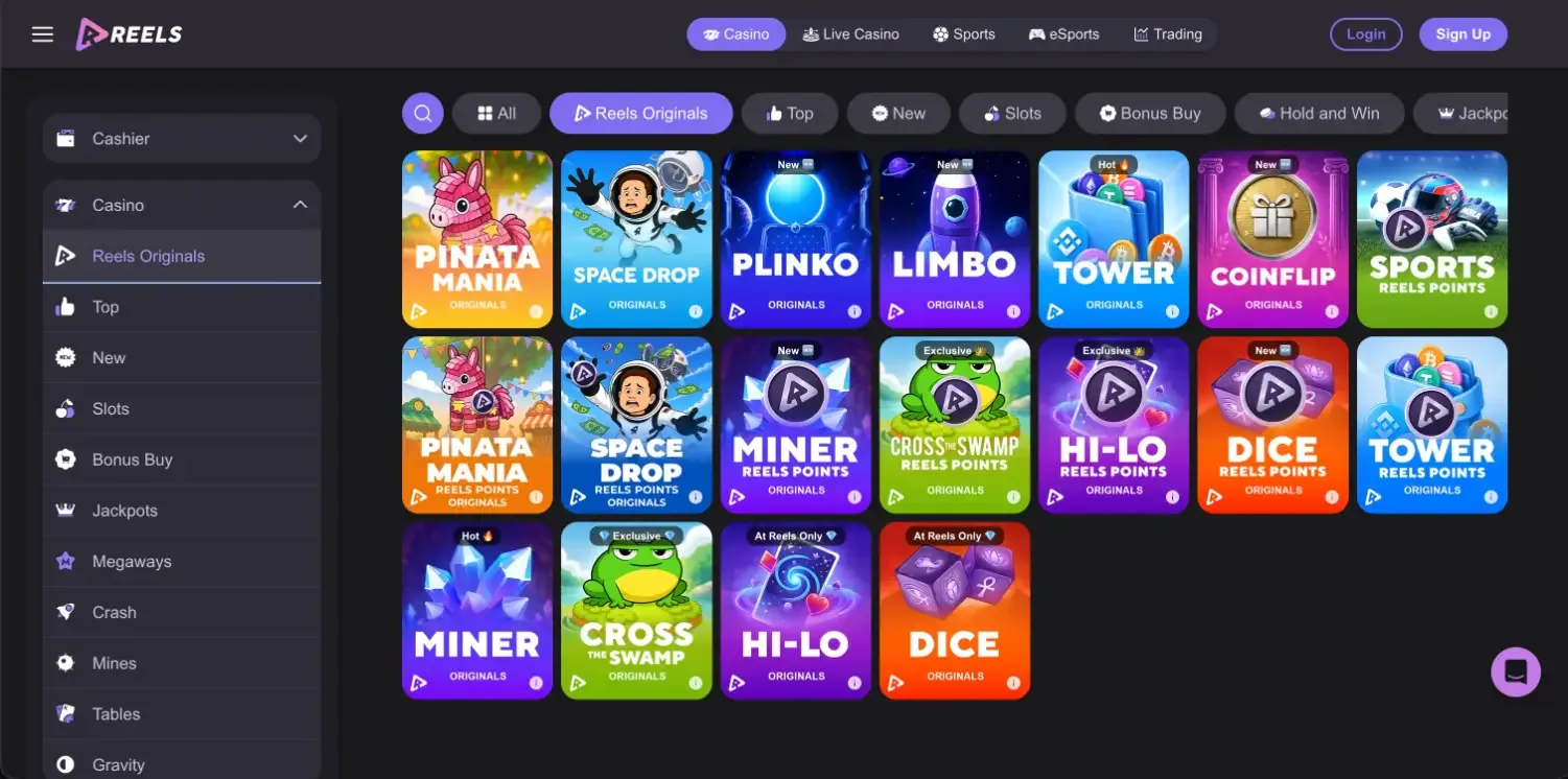 Reels Originals lobby with 18 tiles: Pinata Mania, Space Drop, Plinko, Limbo, Tower, Coinflip, Sports Reels Points, the Reels Points versions of seven games and Miner, Cross the Swamp, Hi-Lo and Dice