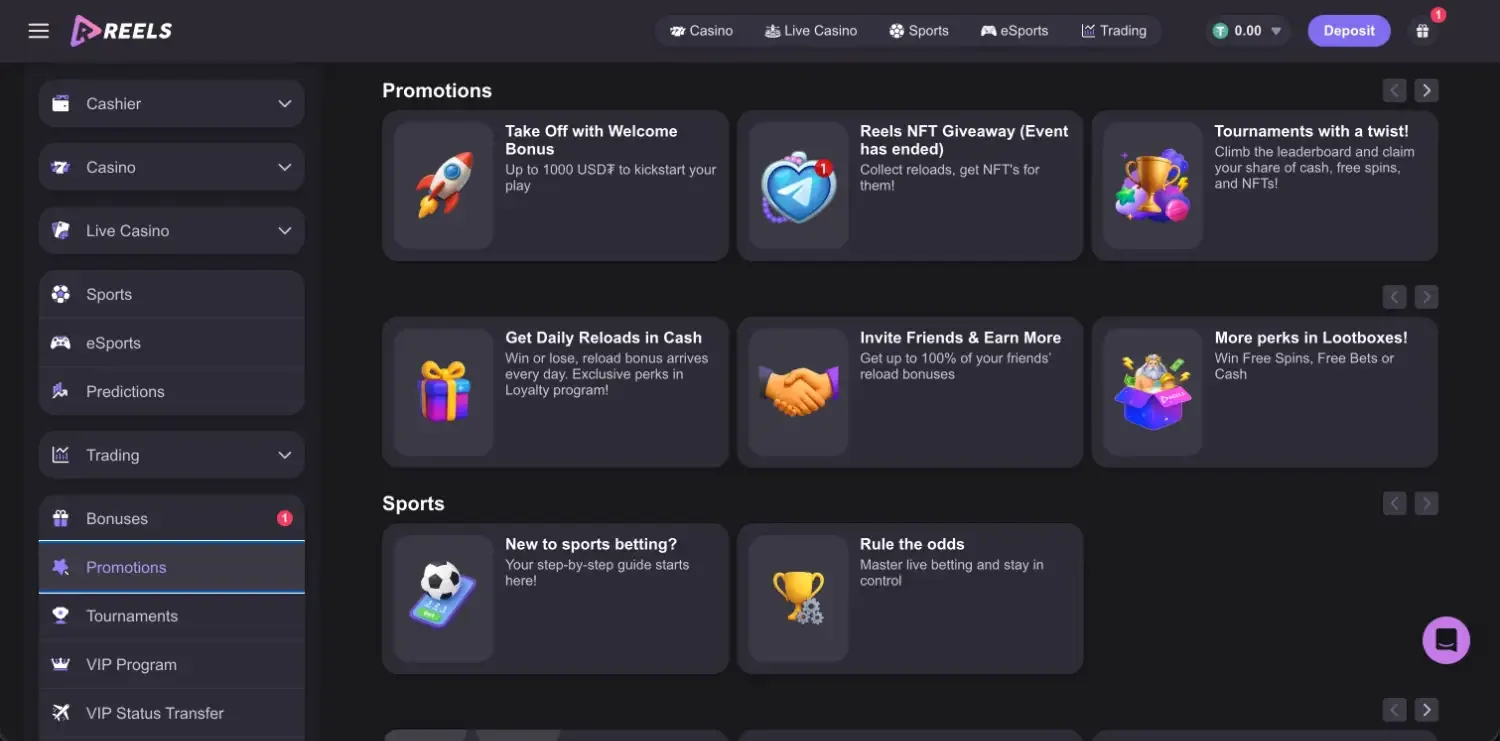 Reels.io promotions page with cards for the welcome bonus up to 1000 USDT, an ended NFT giveaway, tournaments, daily cash reloads, invite friends and lootbox perks, plus two sports guides