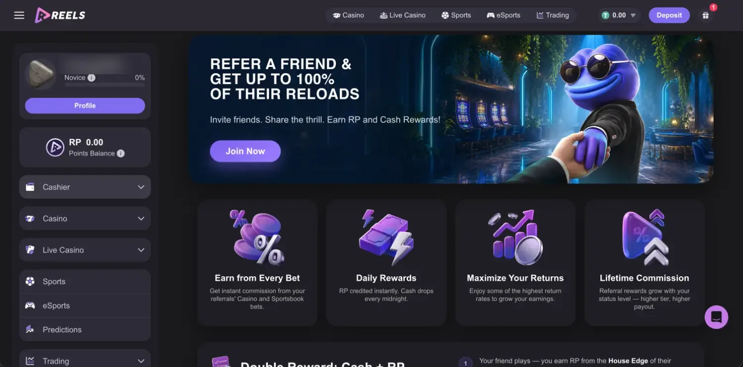 Reels.io Refer a Friend page with the headline get up to 100% of their reloads and cards for earn from every bet, daily rewards, maximize your returns and lifetime commission