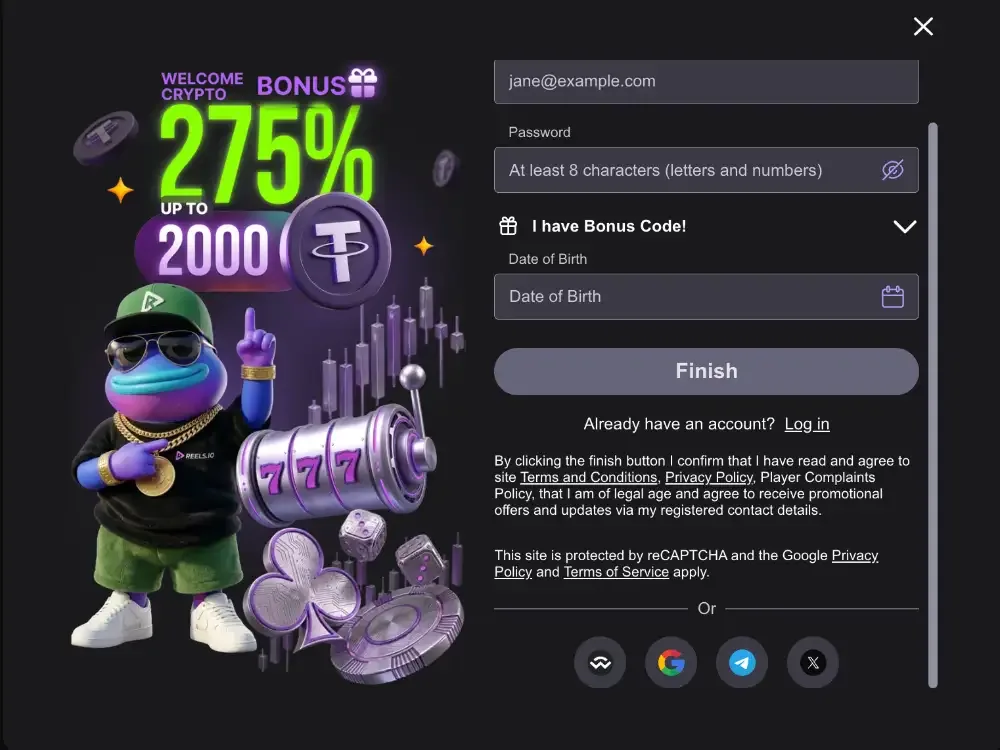 Reels.io sign-up form with email, password, bonus code and date of birth fields, a 275% up to 2000 welcome banner and Google, Telegram, X and wallet login buttons