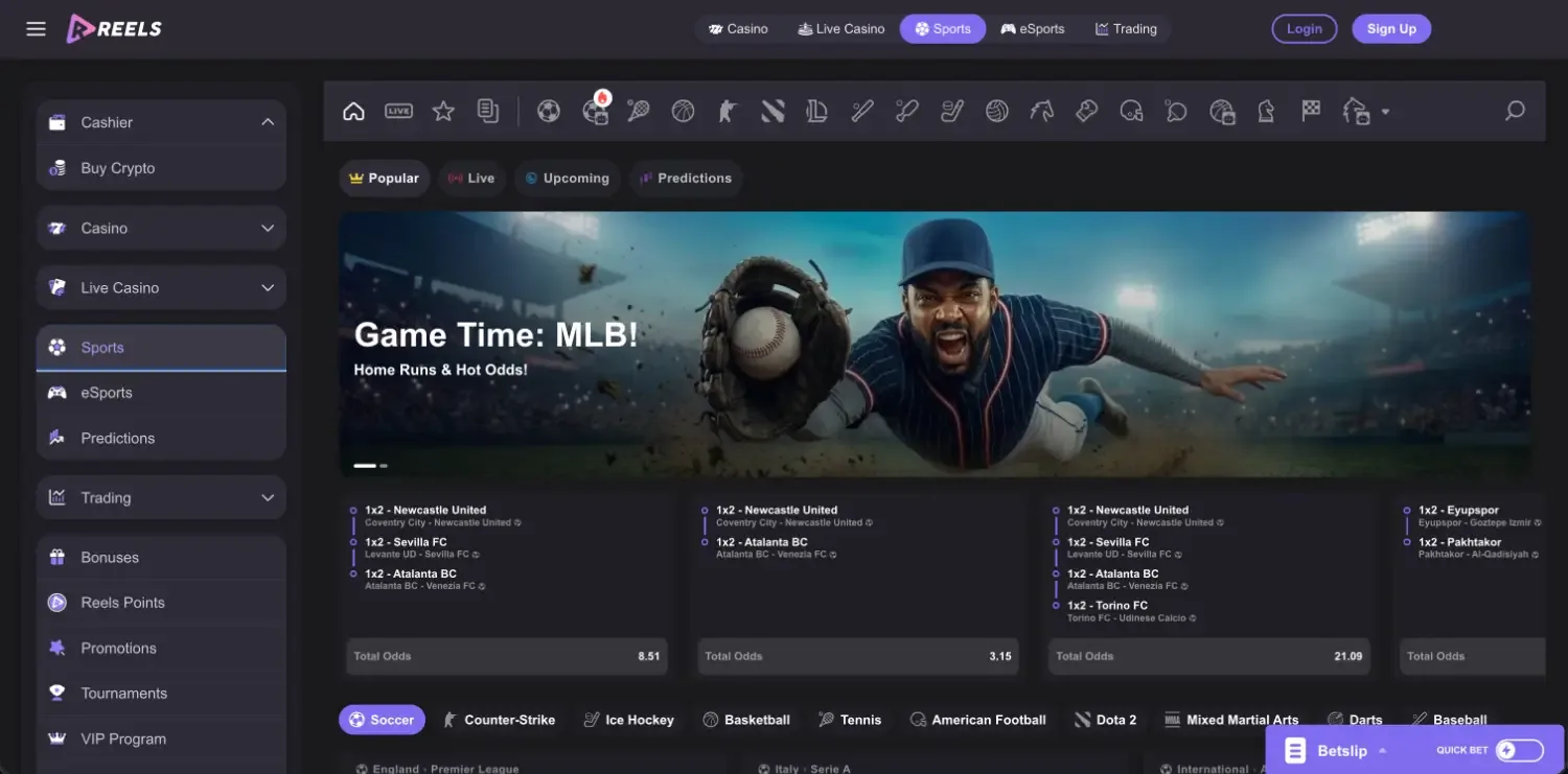 Reels.io sportsbook with Popular, Live, Upcoming and Predictions tabs, an MLB banner, ready-made accumulators and a sport rail from soccer to baseball