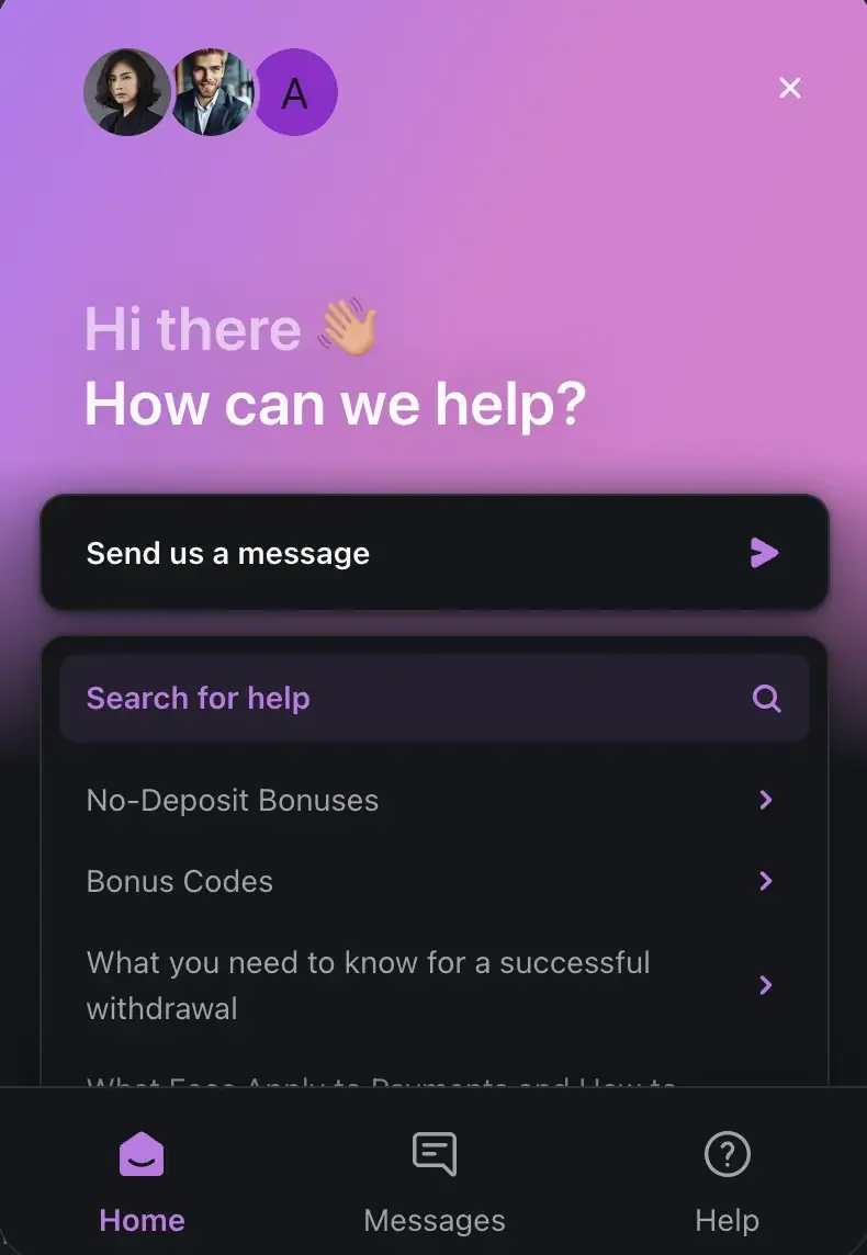 Reels.io live chat window with Send us a message, a help search and articles on no-deposit bonuses, bonus codes and a successful withdrawal