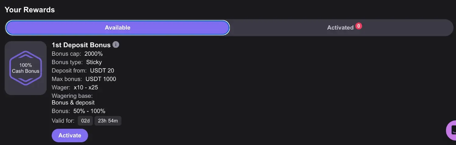 Reels.io Your Rewards tab with the 1st Deposit Bonus tile: bonus cap 2000%, sticky, deposit from USDT 20, max bonus USDT 1000, wager x10 to x25 on bonus and deposit, bonus 50% to 100%