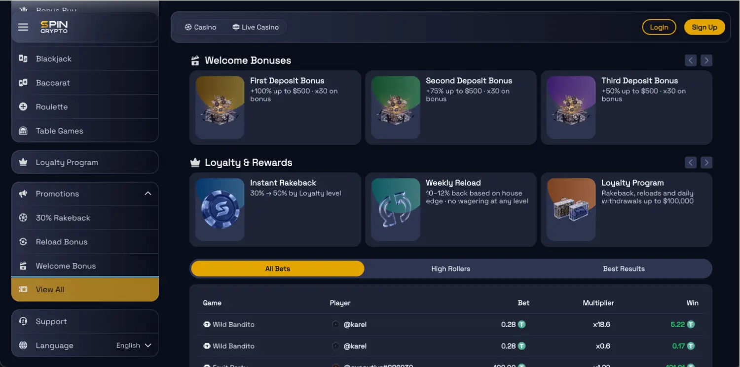 SpinCrypto promotions page with three welcome bonus cards, Instant Rakeback 30% to 50%, Weekly Reload 10 to 12% and the Loyalty Program with daily withdrawals up to $100,000