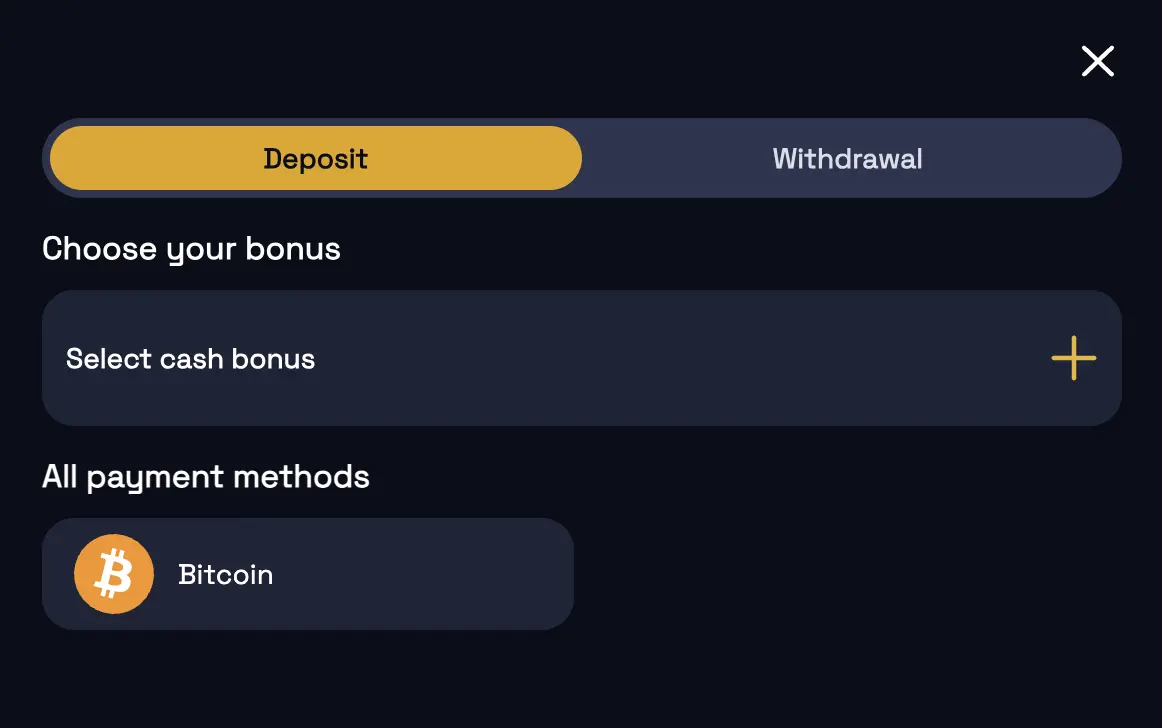 SpinCrypto deposit tab with a select cash bonus field and Bitcoin as the only payment method shown