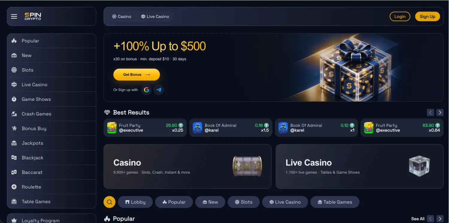 SpinCrypto lobby with the 100% up to $500 welcome banner, the Best Results ticker and the Casino and Live Casino tiles