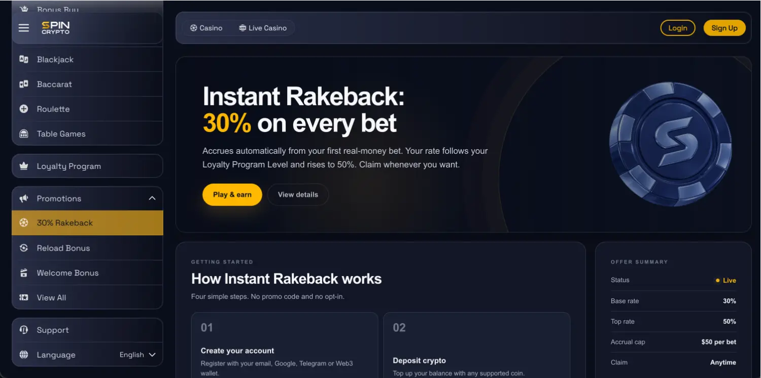 SpinCrypto Instant Rakeback page with 30% on every bet, base rate 30%, top rate 50%, a $50 accrual cap per bet and claim anytime
