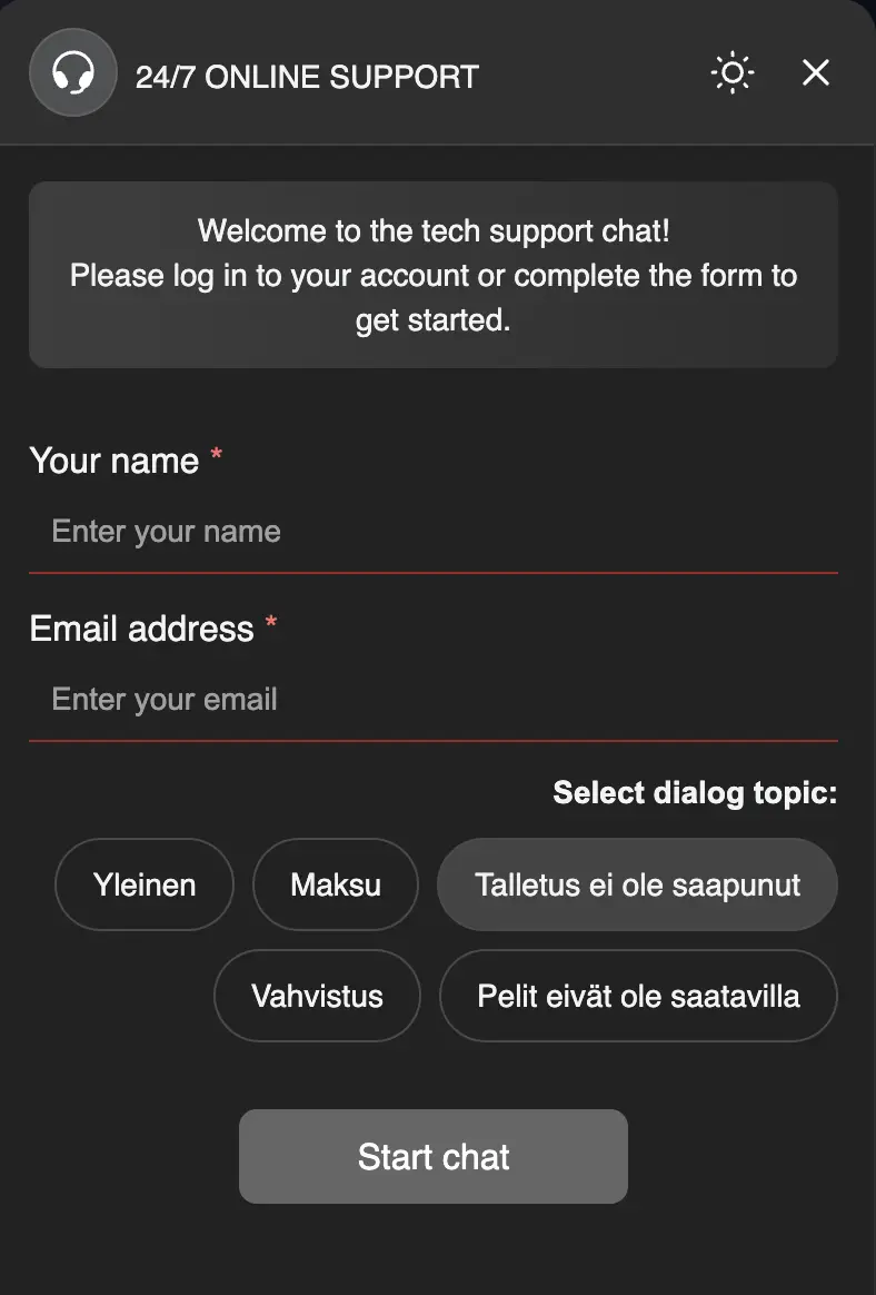 SpinCrypto 24/7 online support chat form asking for a name and an email with dialog topic buttons in Finnish