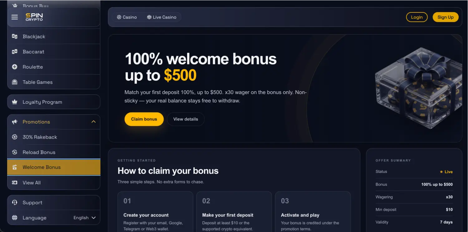 SpinCrypto 100% welcome bonus page up to $500 with x30 wagering, a $10 minimum deposit and a 7 day validity in the offer summary