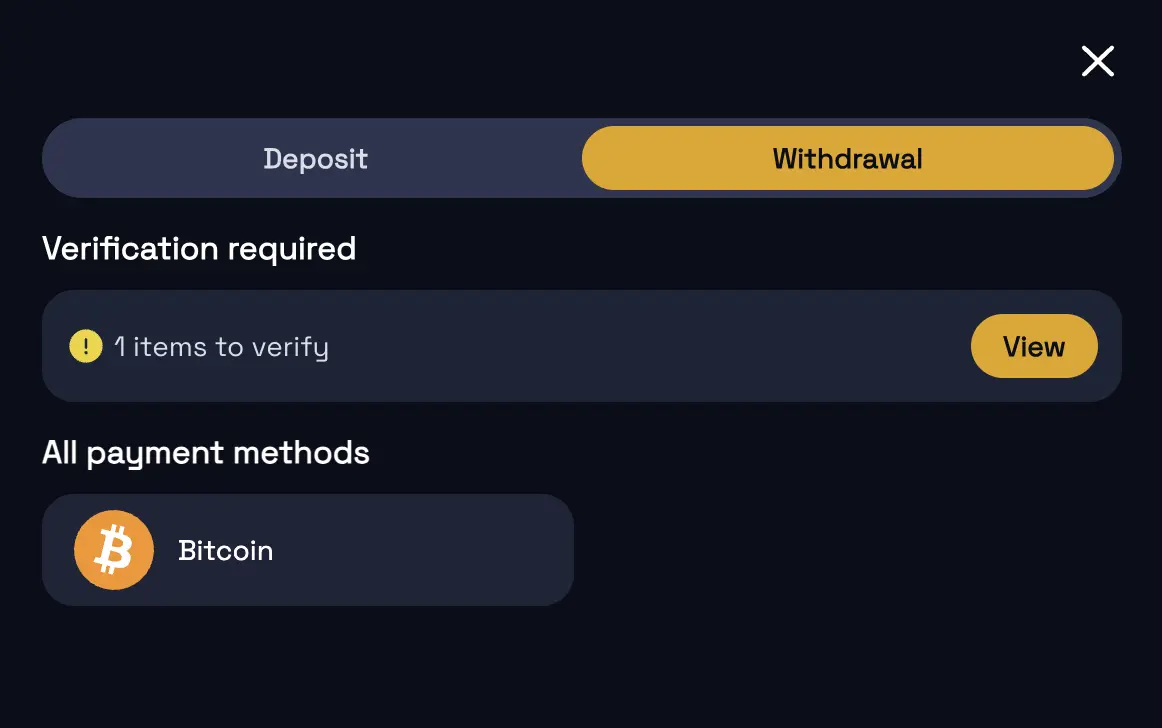 SpinCrypto withdrawal tab showing verification required with one item to verify and Bitcoin as the payment method