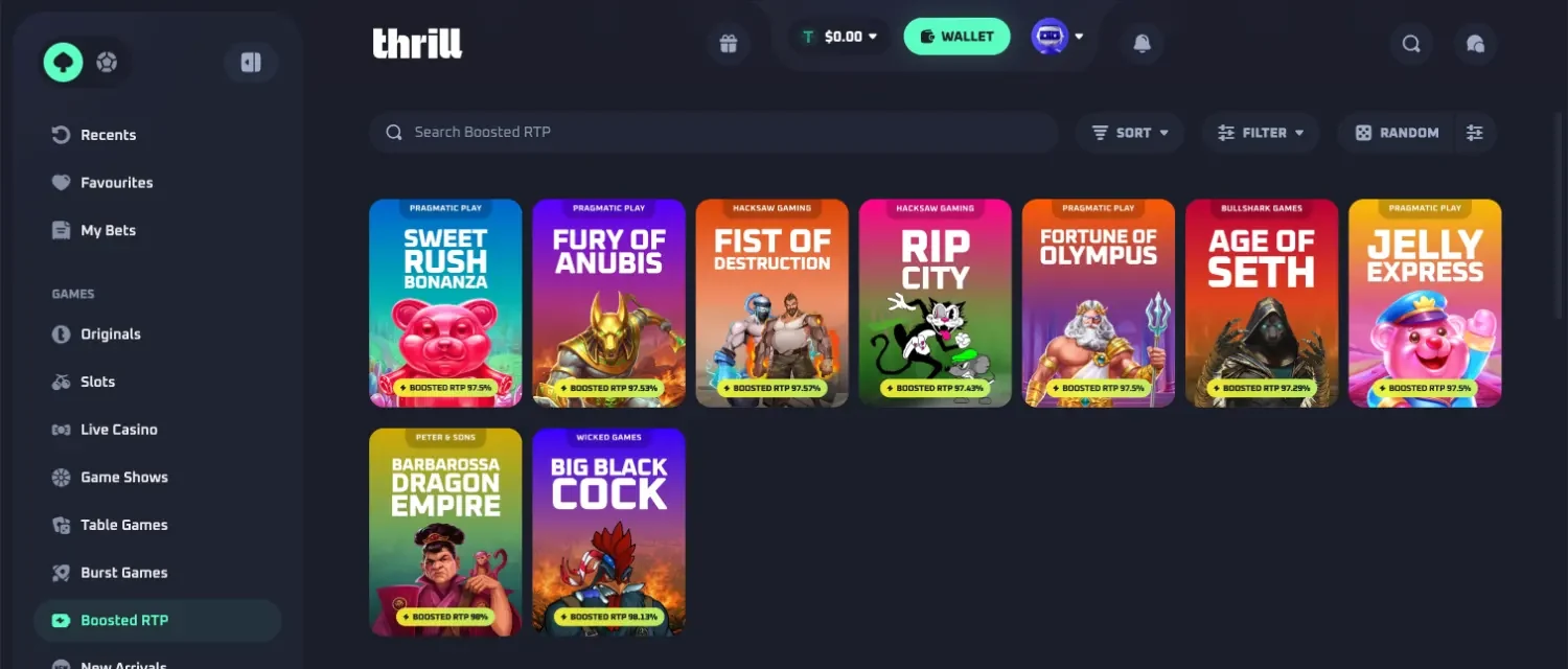 Thrill Boosted RTP shelf with Sweet Rush Bonanza, Fury of Anubis, Fist of Destruction, RIP City, Fortune of Olympus, Age of Seth, Jelly Express and Barbarossa Dragon Empire