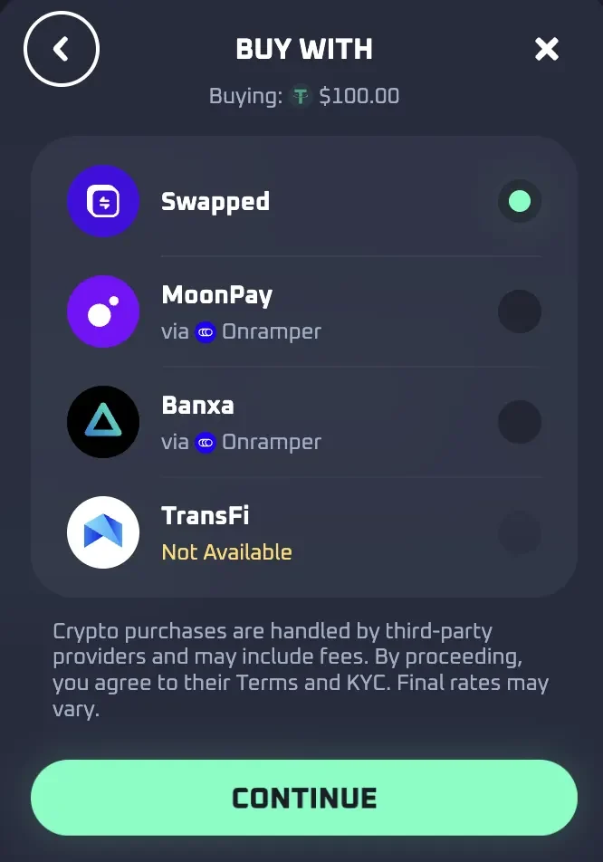 Thrill Buy Crypto screen with Swapped, MoonPay via Onramper, Banxa via Onramper and TransFi marked Not Available