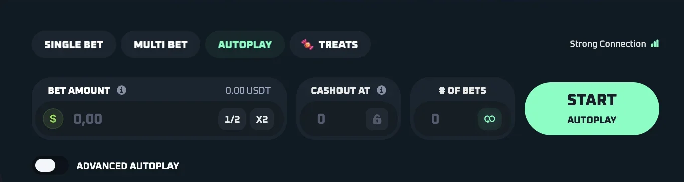 Thrill Crash Witching Heights Autoplay tab: Bet Amount $0.00 with 1/2 and X2, Cashout At 0 with a lock icon, # of Bets 0 with an infinity button, a Start Autoplay button and the Advanced Autoplay switch off