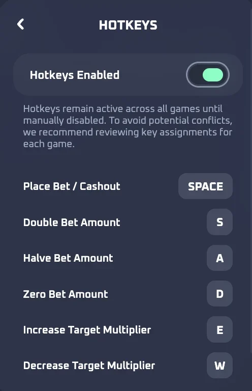 Thrill Hotkeys window with Hotkeys Enabled switched on and six keys: Space Place Bet / Cashout, S Double Bet Amount, A Halve Bet Amount, D Zero Bet Amount, E Increase Target Multiplier and W Decrease Target Multiplier