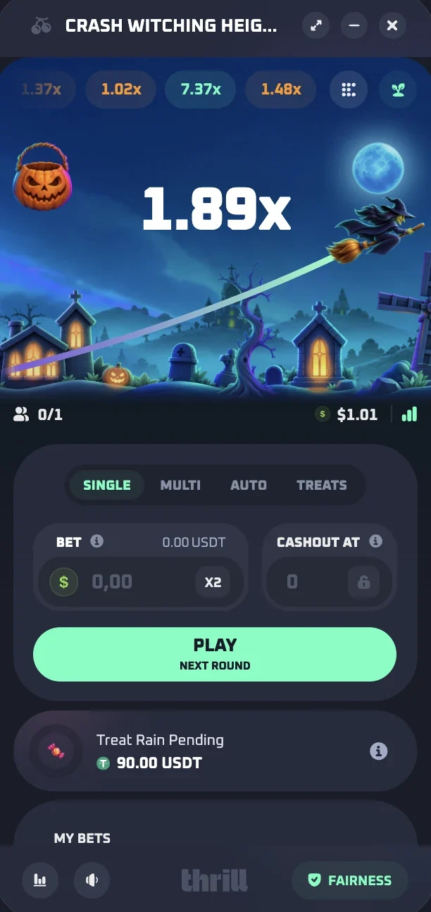 Crash Witching Heights in the small floating window at 1.89x: header with expand, minimise and close buttons, a history row with 1.37x, 1.02x, 7.37x and 1.48x, 0/1 players and $1.01 in the round, Single, Multi, Auto and Treats tabs, Bet and Cashout At boxes, a Play Next Round button, Treat Rain Pending 90.00 USDT and Live Stats, sound and Fairness buttons
