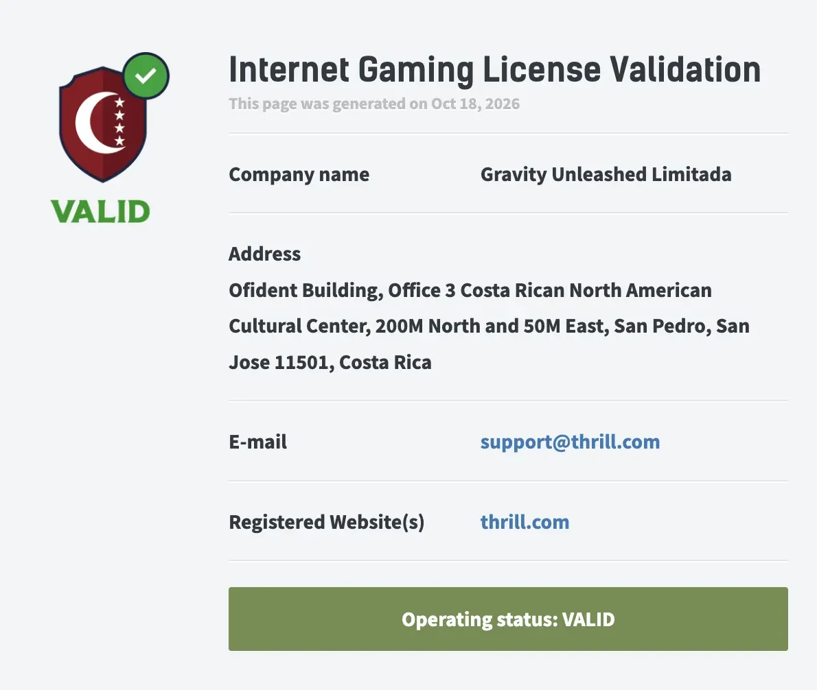 Anjouan licence validation page for thrill.com showing Gravity Unleashed Limitada, support@thrill.com and operating status VALID