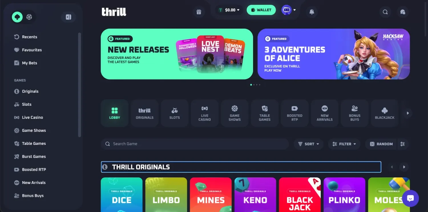 Thrill casino lobby with a New Releases banner for 3 Adventures of Alice by Hacksaw Gaming and the side menu with Originals, Slots, Live Casino and Boosted RTP