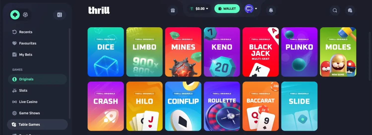 Thrill Originals shelf with Dice, Limbo, Mines, Keno, Blackjack Multi-seat, Plinko, Moles, Crash, HiLo, CoinFlip, Roulette, Baccarat and Slide