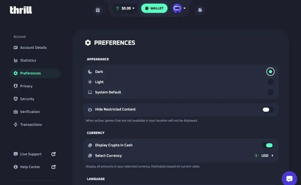 Thrill Preferences page with theme options, Hide Restricted Content, Display Crypto in Cash and currency settings