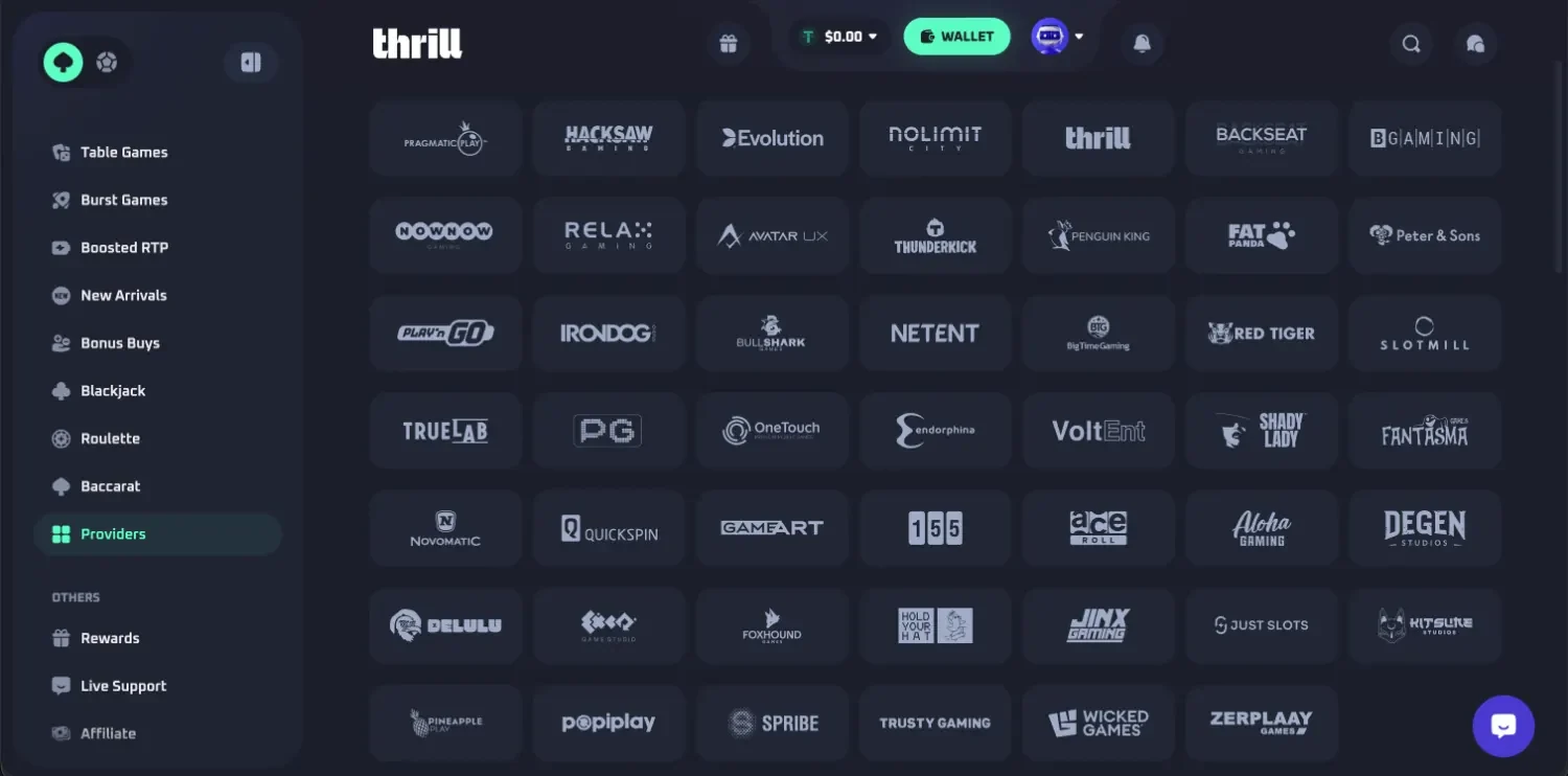 Thrill providers page with a grid of studio tiles including Thrill, Pragmatic Play, Hacksaw Gaming, Evolution and Nolimit City