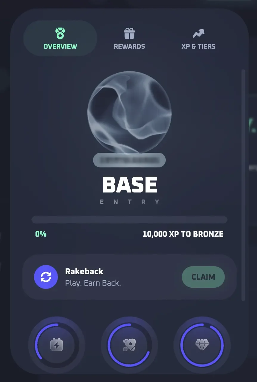 Thrill Rewards page at the Base level with 10,000 XP to Bronze and a rakeback tile with a Claim button