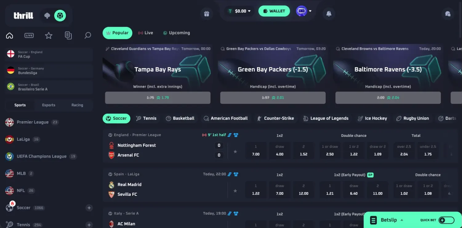 Thrill sportsbook with boosted odds cards, Popular, Live and Upcoming tabs, event counts by league and a betslip with Quick Bet