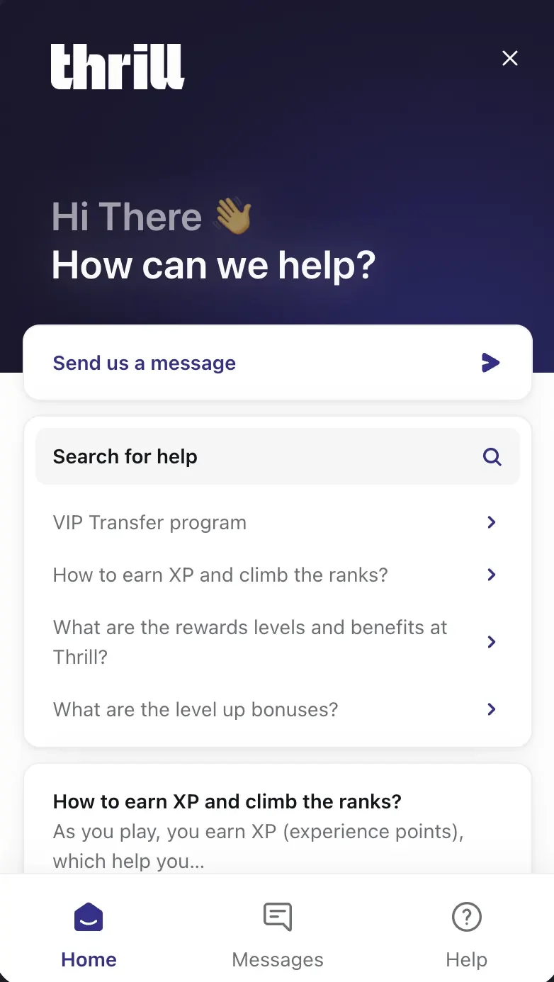 Thrill live chat window with Send us a message, a help search and articles on VIP Transfer, XP and level-up bonuses