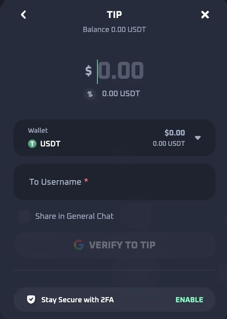 Thrill Tip screen with a username field, a Share in General Chat switch, a Verify to tip button and a 2FA prompt