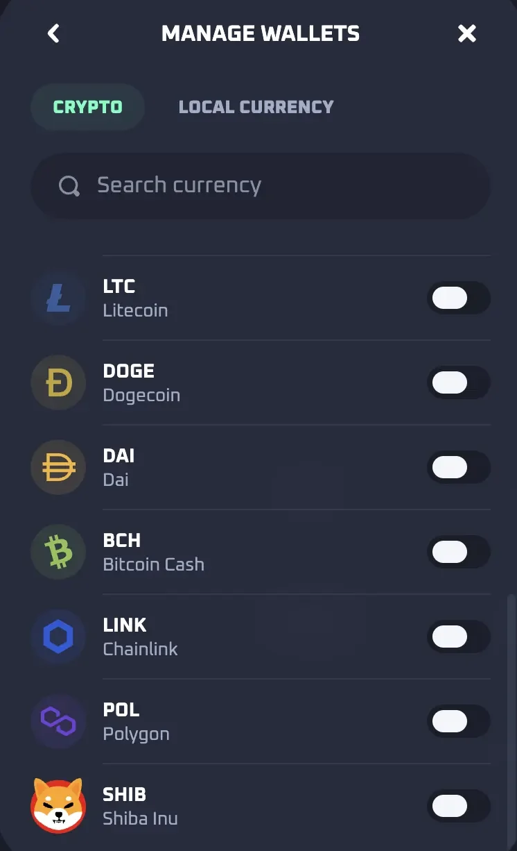 Thrill All Currencies list with LTC, DOGE, DAI, BCH, LINK, POL and SHIB