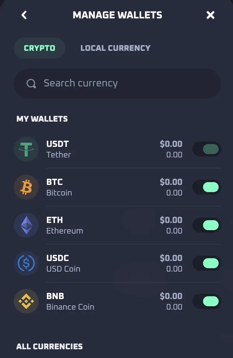 Thrill Manage Wallets screen with USDT, BTC, ETH, USDC and BNB under My Wallets