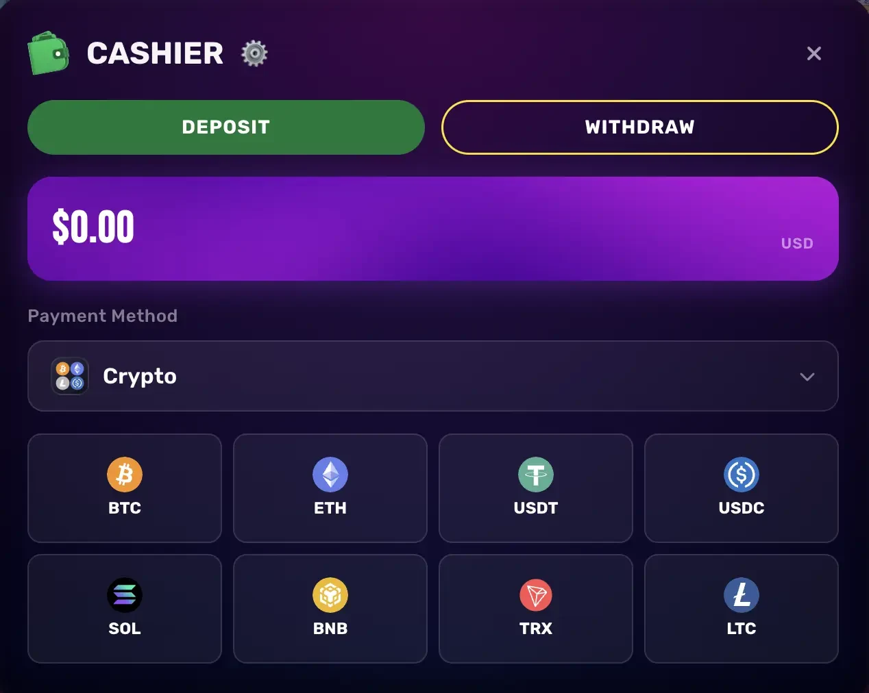 The Tilt Rips cashier on the Deposit tab with eight coins: BTC, ETH, USDT, USDC, SOL, BNB, TRX and LTC