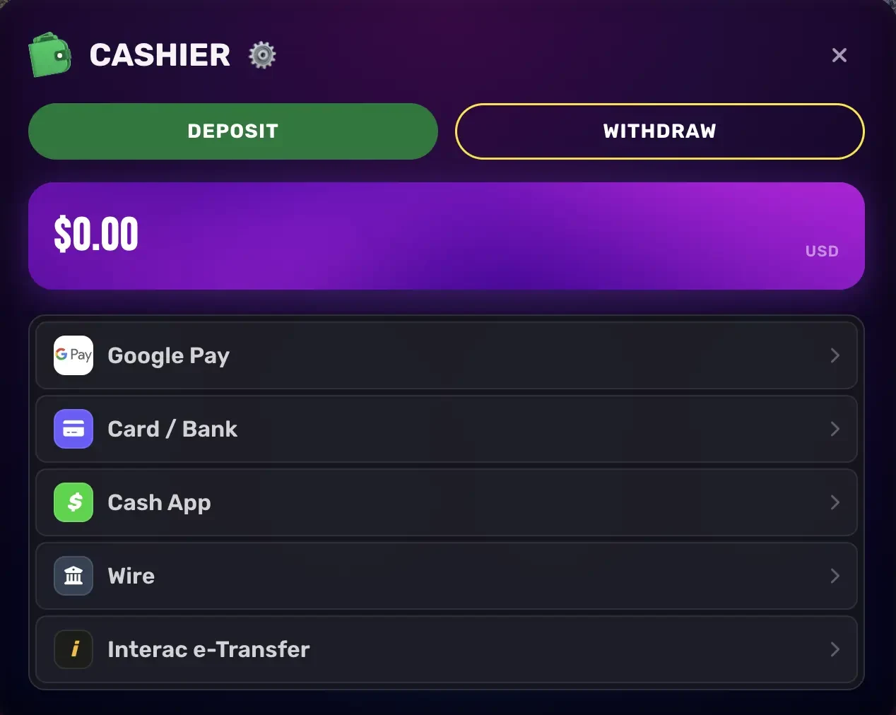 The Tilt Rips cashier on the Deposit tab with Google Pay, Card / Bank, Cash App, Wire and Interac