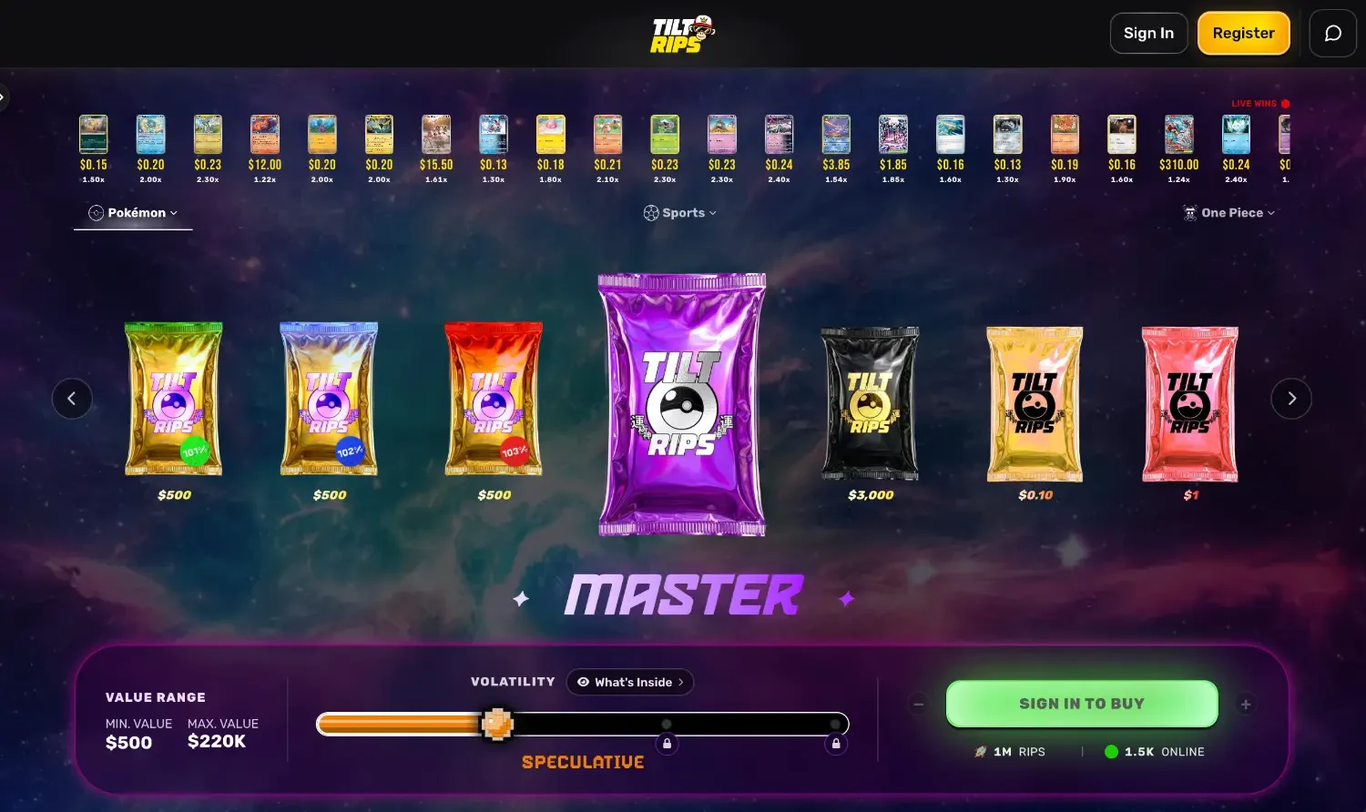 The Tilt Rips lobby with card packs from $0.10 to $3,000, a value range and a volatility slider