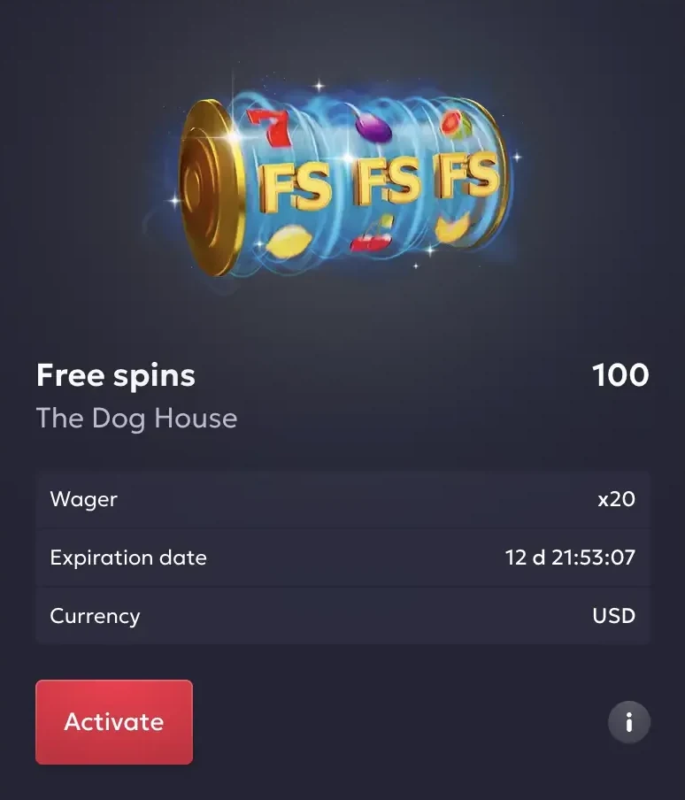 Vavada bonus card with 100 free spins on The Dog House, wager x20, a countdown of 12 days to expiry, currency USD and a red Activate button