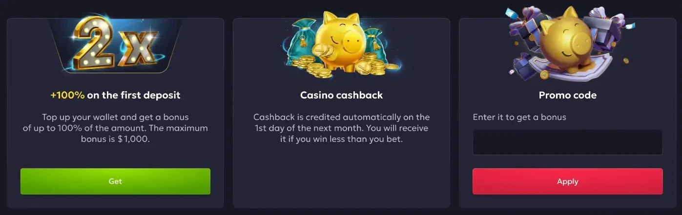 Vavada bonuses page with three cards: plus 100 percent on the first deposit up to 1,000 dollars, monthly casino cashback credited on the first day of the month, and a promo code field