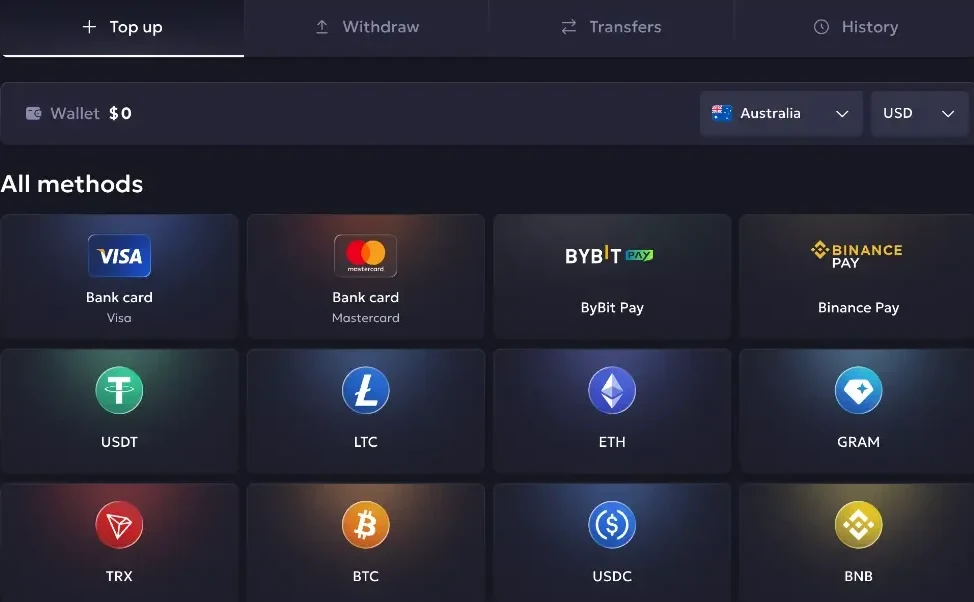 Vavada top up tab with Australia and USD selected, showing Visa and Mastercard bank cards, Bybit Pay, Binance Pay, USDT, LTC, ETH, GRAM, TRX, BTC, USDC and BNB
