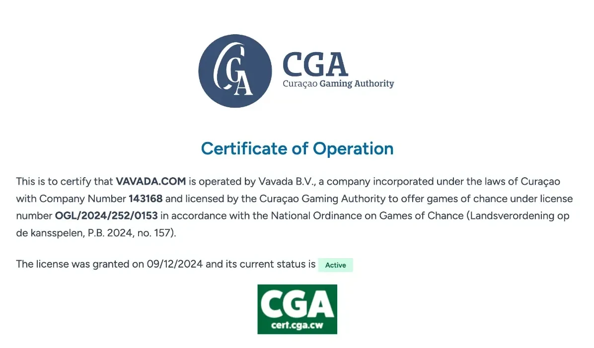 Curaçao Gaming Authority certificate of operation for VAVADA.COM, operated by Vavada B.V., company number 143168, licence OGL/2024/252/0153, granted 09/12/2024, status Active