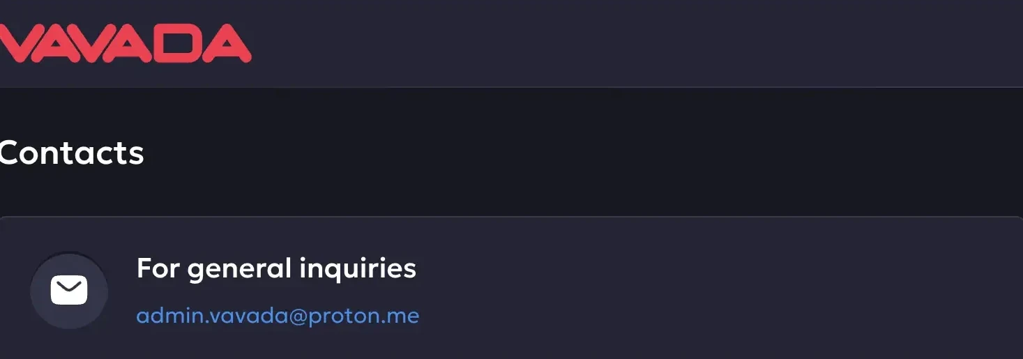 Vavada contacts page listing admin.vavada@proton.me for general inquiries