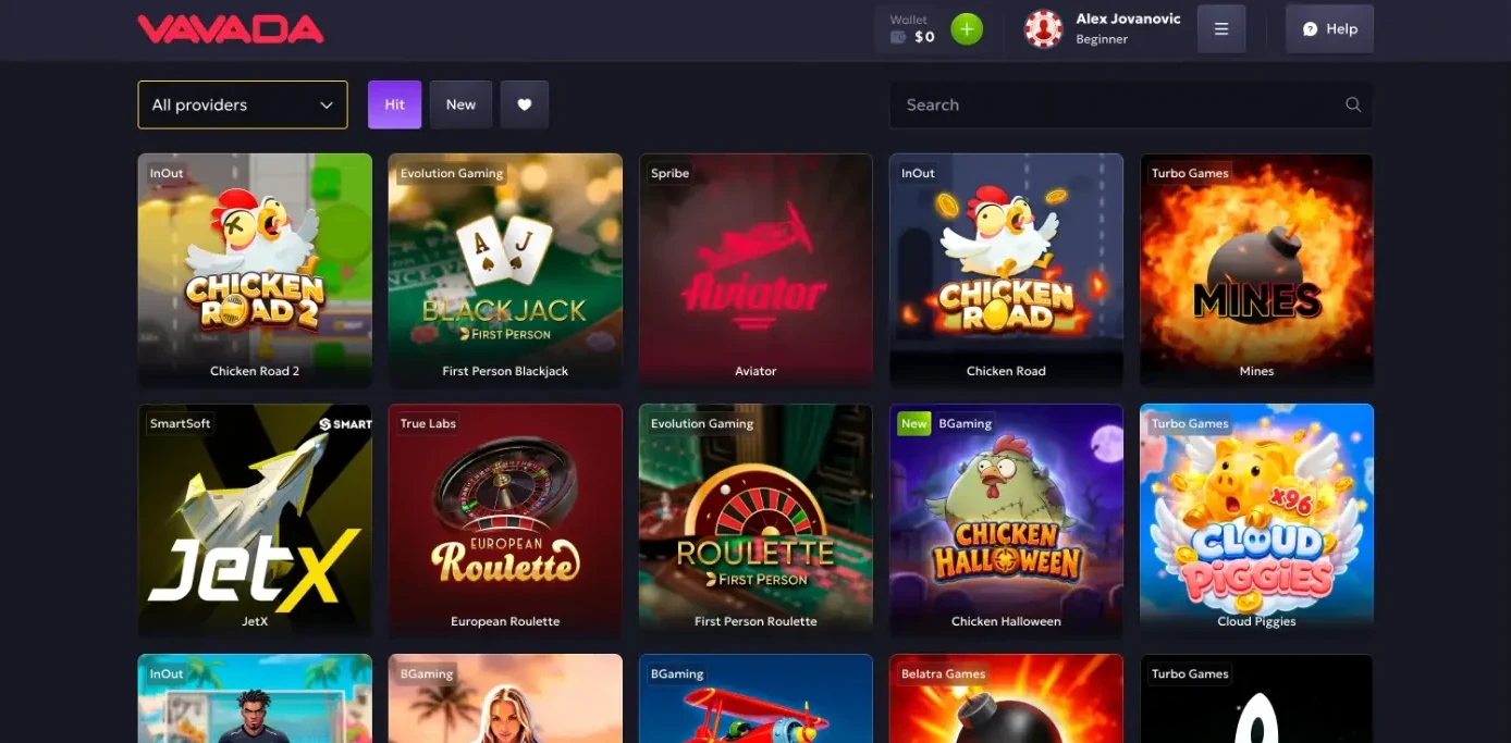 Vavada crash games tab with Chicken Road 2, First Person Blackjack, Aviator, Chicken Road, Mines, JetX, European Roulette, First Person Roulette, Chicken Halloween and Cloud Piggies