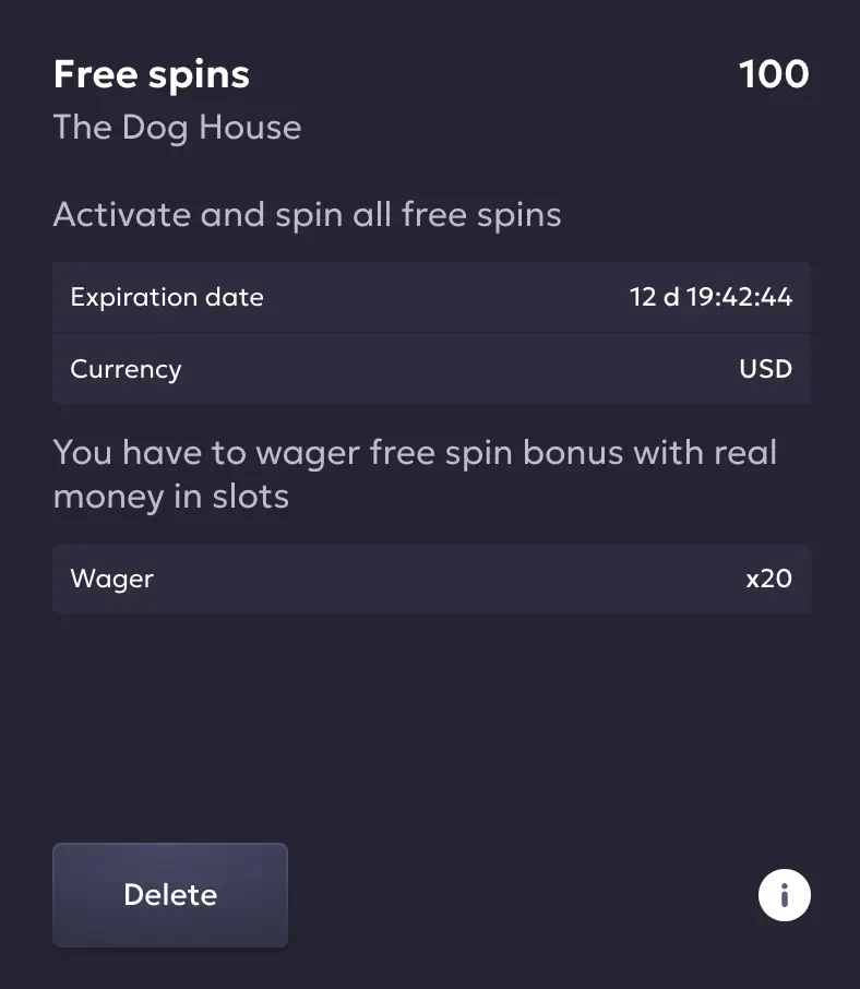 Activated Vavada free spins card for 100 spins on The Dog House in USD with an expiry countdown of 12 days, the line You have to wager free spin bonus with real money in slots, wager x20 and a Delete button