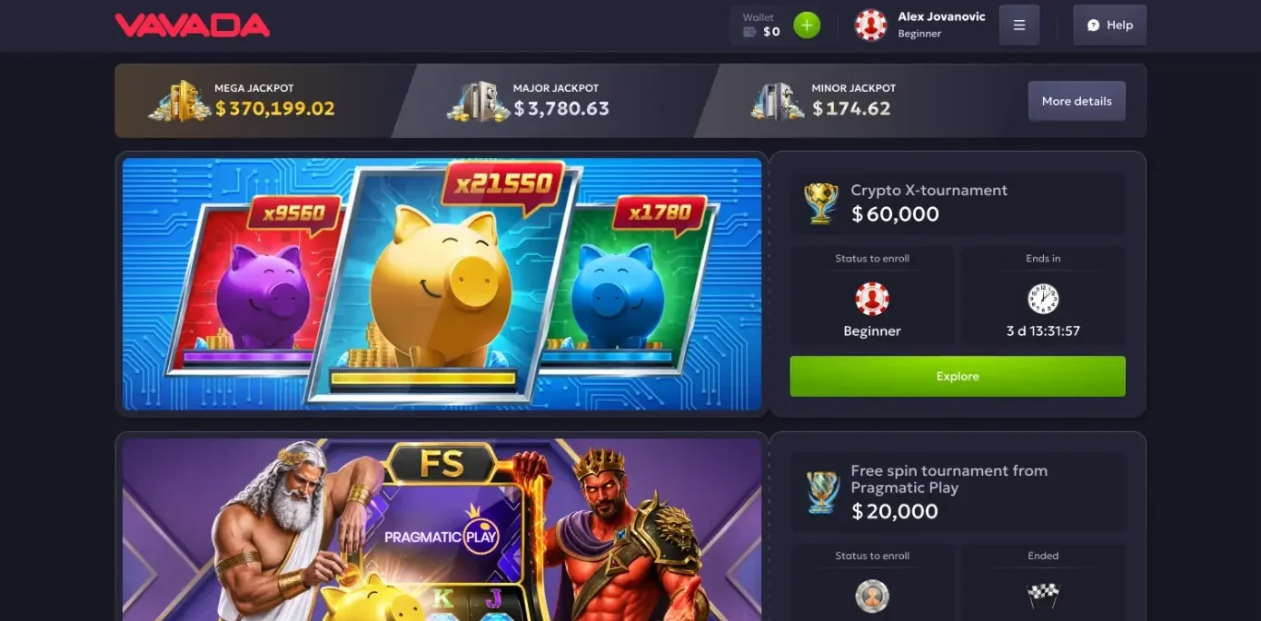 Vavada tournaments page with the Mega jackpot at 370,199.02 dollars, Major at 3,780.63 and Minor at 174.62, the 60,000 dollar Crypto X tournament open to Beginner and a finished 20,000 dollar Pragmatic Play free spin tournament for Silver players