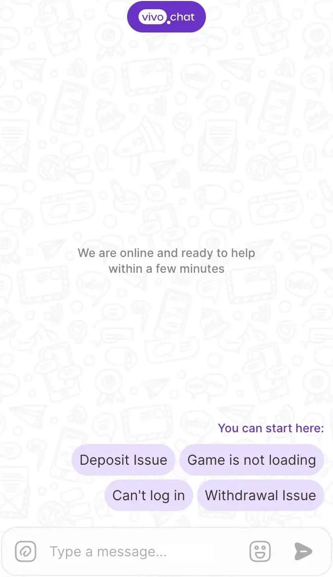 Vavada live chat window powered by vivo.chat with the greeting "We are online and ready to help within a few minutes" and quick buttons for Deposit Issue, Game is not loading, Can't log in and Withdrawal Issue