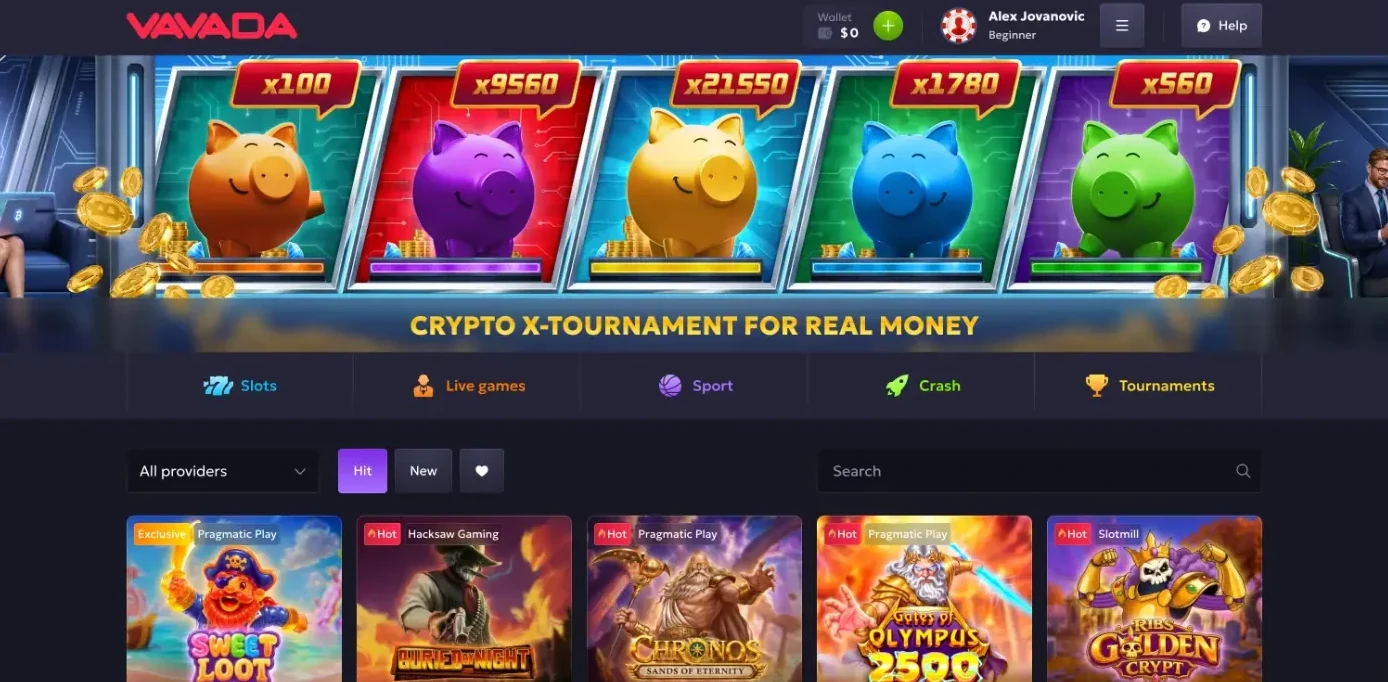 Vavada lobby with the Crypto X tournament banner, the Slots, Live games, Sport, Crash and Tournaments tabs, and hit slots from Pragmatic Play, Hacksaw Gaming and Slotmill