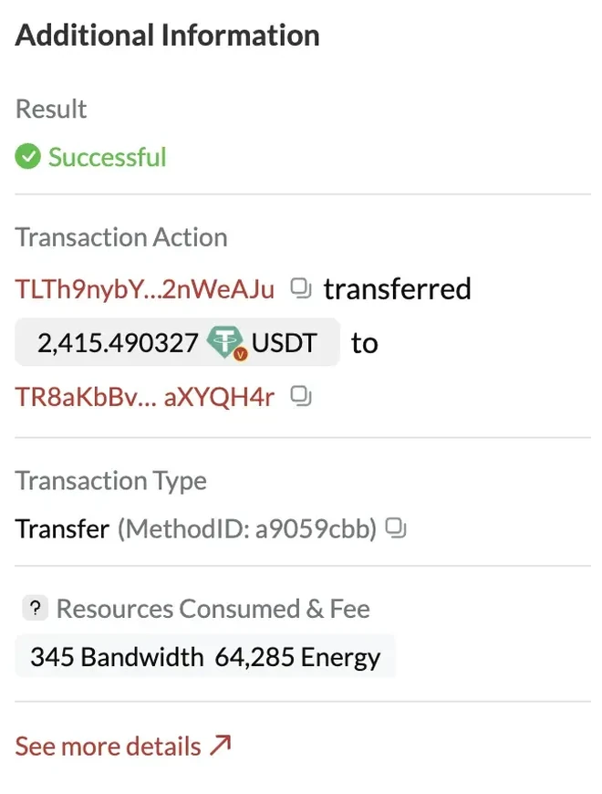 TRON explorer record of a successful USDT transfer of 2,415.490327 USDT from a Vavada wallet to the receiving address ending aXYQH4r